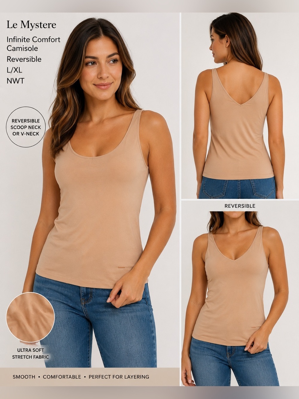 Le Mystere Infinite Comfort Reversible Tank Top Nude L/XL NWT Soft Stretch
